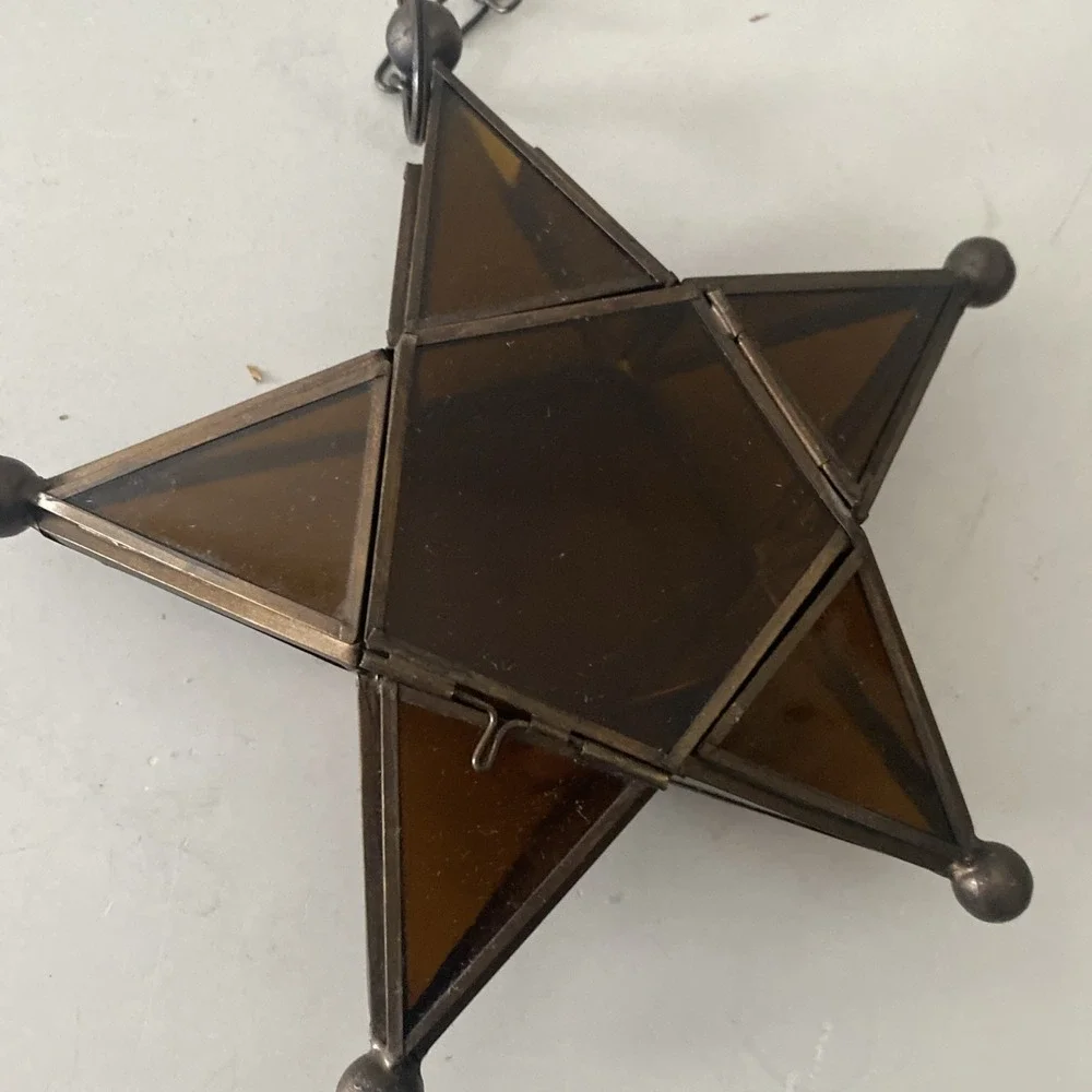 Pier 1 Amber Moroccan Star Lantern Candle Holder Leaded Glass 8